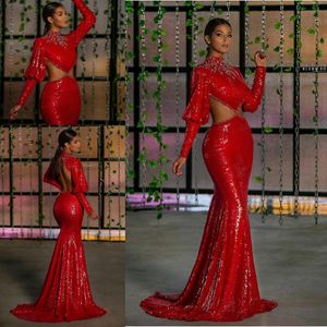 Aso Ebi Arapça Kırmızı Pırıltılı seksi Mermaid Gelinlik Modelleri Backless payetli Boncuklu Kat Boyu Abiye Örgün Elbise Parti Önlük