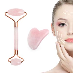 Natural Rose Quartz Jade Roller Gua Sha Set Face Lift Wrinkle Remover Facial Massager