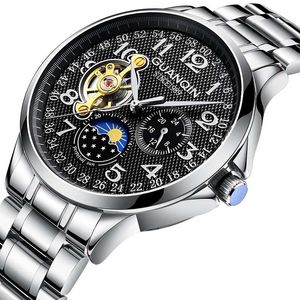 2019 mode GUANQIN Herren Uhren Top-marke Luxus Skeleton Uhr Männer Sport Leder Tourbillon Automatische Mechanische Armbanduhr