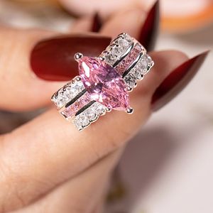 Big Hot Sale 3 Style Luxury Marquise Cut 4 Carat Pink Stone Wedding Ring for Women Män har S925 LOGO REAL 925 Silver Rings