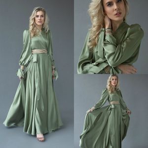 Vestes de casamento em v roupões conservador mangas compridas lantejoulas cetim faixa vestido de noite para as mulheres Ruched varredura trem Sheer pijama feito sob encomenda