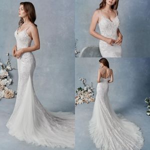 Mermaid Kenneth Winston Wedding Dresses Spaghetti Sleeveless Tulle Lace Applique Beads Ruched Wedding Gown Sweep Train robe de mariée