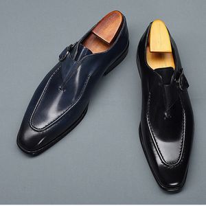 Plus Size 48 Genuine Leather Men's Handmade Single Oxfords Pointed Toe Monk Strap Man Formal Dress Office Party Shoes