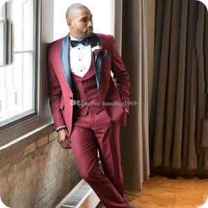 Handsome One Button Burgundy Groom Tuxedos Shawl Lapel Groomsmen Mens Wedding/Prom/Dinner Best Man Blazer (Jacket+Pants+Vest+Tie) K106