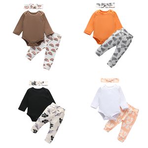 Autunno Abbigliamento per bambini Set di abbigliamento per neonati Manica lunga Pagliaccetto solido Top + Pantaloni con stampa a foglie + Fasce per capelli 3 pezzi / set Boutique Abiti per bambini M2468