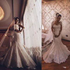 New Mermaid Wedding Dresses Jewel Neck Long Sleeves Illusion Full Lace Appliques Button Back Court Train Formal Plus Size Bridal Gowns