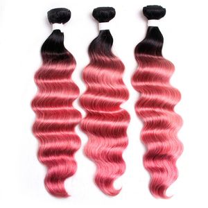Two Tone 1b Pink Deep Wave Human Hair Extensions Virgin Brazilian Hair Bundles 3Pcs Deep Curly Wavy Ombre Pink Hair Bundles For Sale