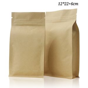 50pcs 12*22+6cm Natural Brown Zip Lock Stand Up Package Bags Blank Packaging Coffee Bags Resealable Food Storage Pouch with Eight Sides
