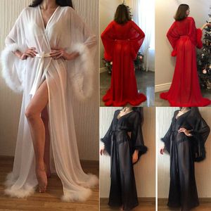 2020 Winter Feather Nightgowns Illusion Long Lingerie Faux Fur Robe Szlafrok Bliski Piórka Bridal Bride Druhna Straje