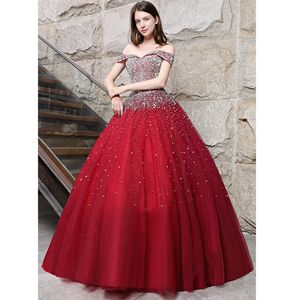 Off the Shoulder Ball Gown Prom Dresses Lace-up Back Floor Length Evening Dresses Tulle with Shining Sequin