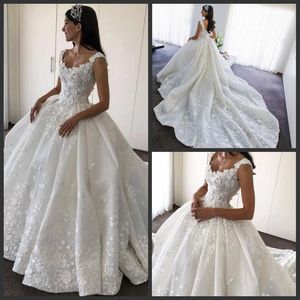 Lace Ball Gown Wedding Dresses Demure Elegant Scoop vestidos de noiva Ruffles Court Train Flower Bridal Gowns Wedding Dresses Free Shipping