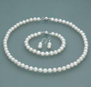 Fine 8-9mm white natural fresh water cultured pearl necklace 45-19cm bracelet earrings set fashion jewelry