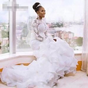 Long Sleeves Button Back cascading Ruffles Tiered Mermaid Wedding Dress African White Color Plus Size Bride Marriage Wedding Dresses