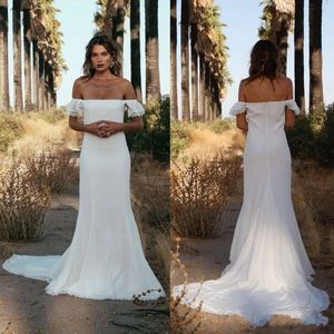 Boho Mermaid Dresses Off the Shoulder Chiffon Sweep Train Lace Scalloped Short Sleeves Beach Wedding Gown Vestido De Novia