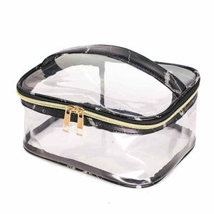 Marbling Clear Makeup Bag Portable Zipper Waterproof Transparent Travel Storage Pouch Cosmetic Toiletry PVC Bag with Handle LJJH06