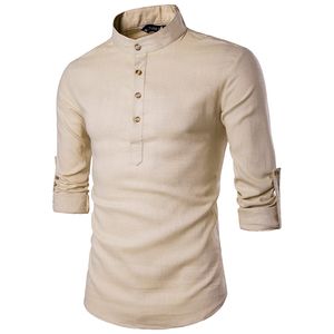 2019 الرجال عارضة قميص طويل الأكمام ماندرين طوق القمصان الصلبة اللون التقليدي النمط الصيني قميص القطن المخلوطة زائد الحجم