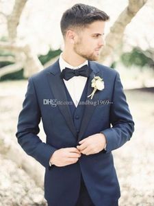 High Quality One Button Navy Blue Groom Tuxedos Peak Lapel Groomsmen Mens Suits Wedding/Prom/Dinner Blazer (Jacket+Pants+Vest+Tie) K517