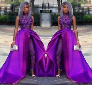 2020 Purple Jumpsuits Prom Dresses With Detachable Train High Neck Lace Appliqued Bead Evening Gowns Luxury African Party Women Pant Suits