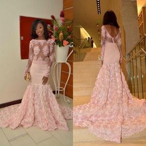 2k19 Se genom Prom Klänningar Rosa Lace Appliques Sheer Long Sleeves Mermaid Aftonklänningar Rose Shape Sweep Train Formell Party Dress