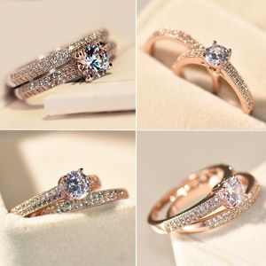 Marca feminino pequeno anel redondo conjunto de diamante moda branco / rosa ouro cheia jóias prometem anéis de noivado para mulheres
