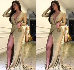 Złote cekiny Arabskie Dubaj Długie Rękawy Suknia Wieczorowa Tanie Syrenka V Neck Wakacje Kobiety Noszą formalne Party Prom Suknia Custom Made Plus Size