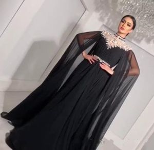 2018 black Bling A Line Evening Dresses with Long Cape High Neck Rhinestone Floor Length Plus Size Custom Made Sash Chiffon Prom Gowns
