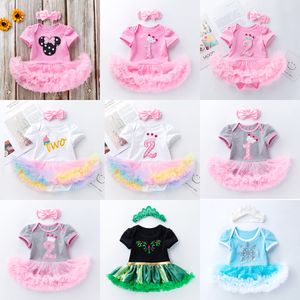 20 Styles Baby One-piece Dress Girl birthday Clothing set Cotton Mesh Crawling Clothes Dress + headbands 2pcs/set newborn jumpsuits M1339