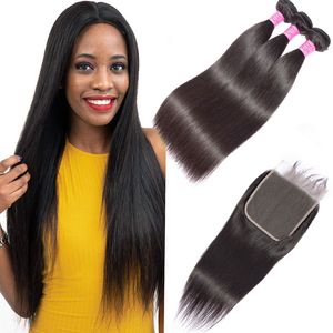 Peruvian Unprocessed Human Hair 3 Bundles With 6X6 Lace Closure Straight Virgin Hair Extensions With 6*6 Closure Middle Three Free Part