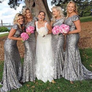 Glitter Silver Cekinowe Druhna Dresses Kraj Tanie Długość Piętro Rękawy Shining Mermaid Maid of Honor Dress