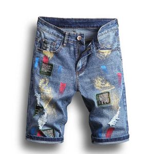 Calças de brim curtas dos homens atualizado pintura calças de motociclista magro rasgado buracos denim shorts masculino designer jean