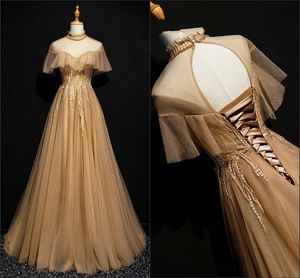 Vintage Princess Boho ärmar Prom Evening Dresses Empire Midja 2019 Broderi High Neck Corset Back Dresses Evening Wear Formal Gowns Robe