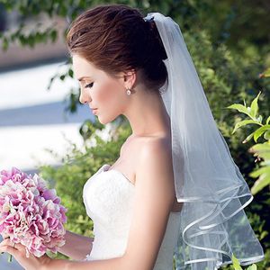 2021 Proste krótkie tiulowe zasłony ślubne Biała kość słoniowa Bride Bride for Mariage Accessories220J