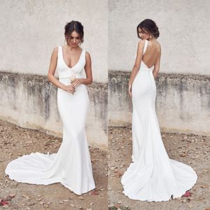 Sereia novos vestidos sexy barato com decote em v boêmio praia vestidos de noiva país jardim cetim feito sob encomenda vestido de casamento