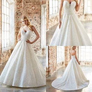 2020 Um casamento linha de vestidos de tule com glitter Applique lantejoulas vestidos de casamento Strapless Varrer Train vestidos de noiva Vestidos de novia