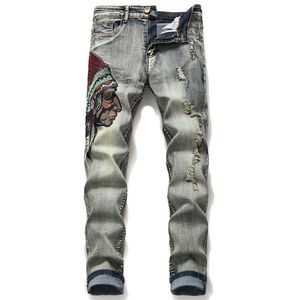 Men's Vintage Blue Embroidered Indian Jeans Male Stretch Slim Jeans New Casual Holes Ripped Denim Pants Fashion Long Trousers