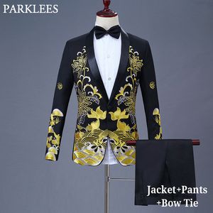 Erkek Nakış Elbise Takım Pantolonlu Şal Kapan Siyah Takım Erkekler İnce Fit Prom Sahne Düğün Damat Kostümleri Homme