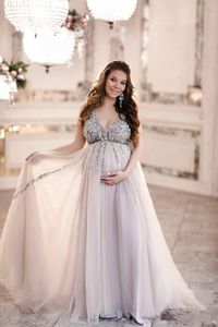 Afrikansk Sequin Prom Klänningar Golvlängd Pärlor Aftonklänningar Med Tulle A-Line Tulle Sexig Maternity Evening Party Gown Gravid Klänning