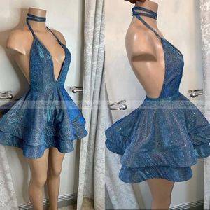 Sparkly Blue Sequin Short Party Homecoming Dresses Sexy Deep V Neck Halter Backless African Prom Dresses Graduation Gowns2509