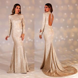 Glitter Luxury Mermaid Bröllopsklänningar High-neck Långärmad Golden Bridal Gown Sequins Beading Sweep Train Robes de Mariée Custom Made