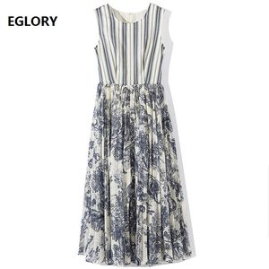 Top Fashion Designer Dress 2019 Primavera Estate Runway Dress Donna Cute Animal stampa patchwork senza maniche a righe Chic Fashion