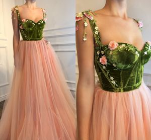 2020 Spring Sage Pink Velvet Evening Prom Dresses Hand Made Flowers Embroidery Tulle Empire Waist Long Formal Homecoming Party Dress Cheap