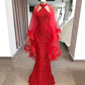 Luxury Mermaid Red Feather Prom Klänningar med Wrap High Neck Full Lace Beads Evening Gowns Vestido de Fiesta Formell Event Wear