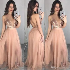2020 Modes Backless Prom Dress Spaghetti Cross Back Side Split Floor Length Blush Chiffon Rose Gold Long Cheap Sequined Beaded Evening Gowns
