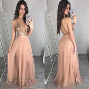 Newest Rose Gold Sequins Evening Dresses Sexy Plunging V Neck Floor Length Tulle Backless Spaghetti Straps Formal Prom Party Gowns