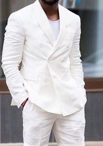 Pościel tkaniny Groom Tuxedos Ivory Men Wedding Tuxedos Double-Breasted Jacket Blazer Summer Fashion Mężczyźni Dinner / Darty Garnitur (Kurtka + Spodnie + Krawat) 1112