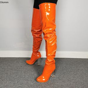 rontic 새로운 패션 여성 허벅지 높은 부츠 슈퍼 섹시한 광장 하이힐 부츠 라운드 발가락 오렌지 클럽웨어 신발 여성 미국 크기 5-10