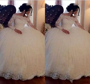 2019 New Cheap Puffy Ball Gown Wedding Dresses Long Sleeves Lace Appliques Off Shoulder Sequins Sweep Train Custom Made Formal Bridal Gown