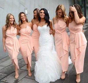 Cheap Pink Tea Length Bridesmaid Dress Strapless Summer Country Garden Formal Wedding Party Guest Maid of Honor Gown Plus Size Custom Made