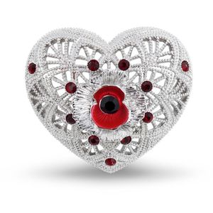 Festive Party Supplies Filigree Poppy and Heart Brooch with Red Enamel and Crystals White Gold Tone