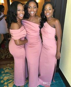 2020 Ny ankomstmantel Satin Blush Pink African Bridesmaids Dresses Black Girl Party Prom Klänningar En Shoulder Formal Dresses